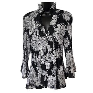New Directions XL Black White Floral Ruffle Neck Pintuck Blouse Top